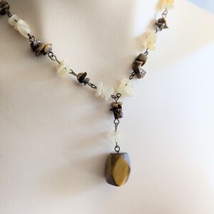 Vintage Necklace Genuine Tiger Eye and Quartz Crystal Chips Adjustable 16" - 19"